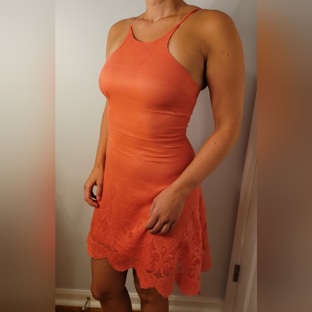 Love,Fire Women Adjustable Spaghetti Straps Mini Lace Dress Back Zip Coral Small